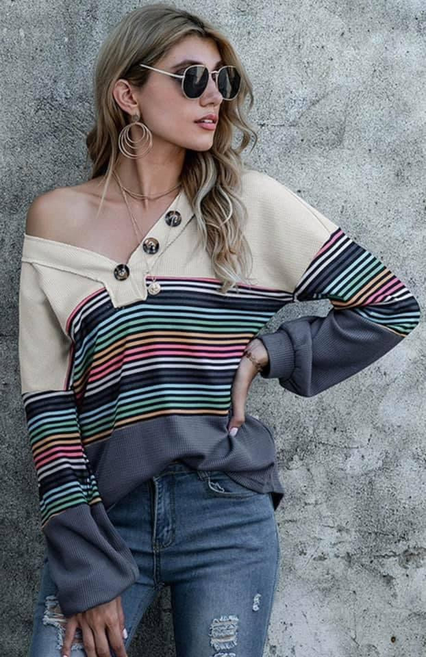 Stripe and Button Waffle Knit Top